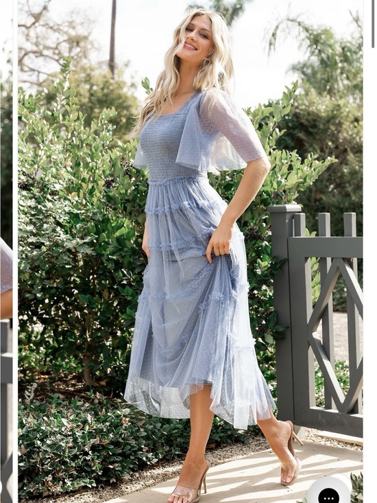 Baltic Born Dresses & Skirts - Baltic Born Powder Blue Smocked Midi Dress with Sheer Tiered Skirt